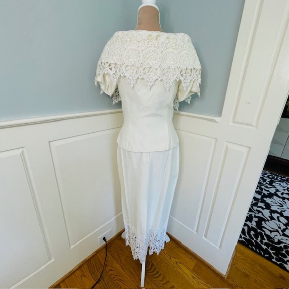 Jessica McClintock Vintage 90’s Ivory Lace Pearl Skirt Suit Bridal Shower Medium - Picture 5 of 10